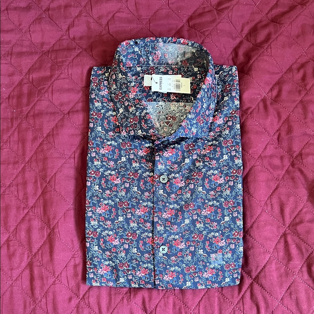 Express Men's Navy Shirt with Pink Floral Print